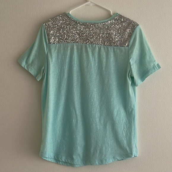 VS PINK | Women’s Aqua Iridescent Sequin Short Sleeve Distressed Logo Top Size M - Picture 3 of 7